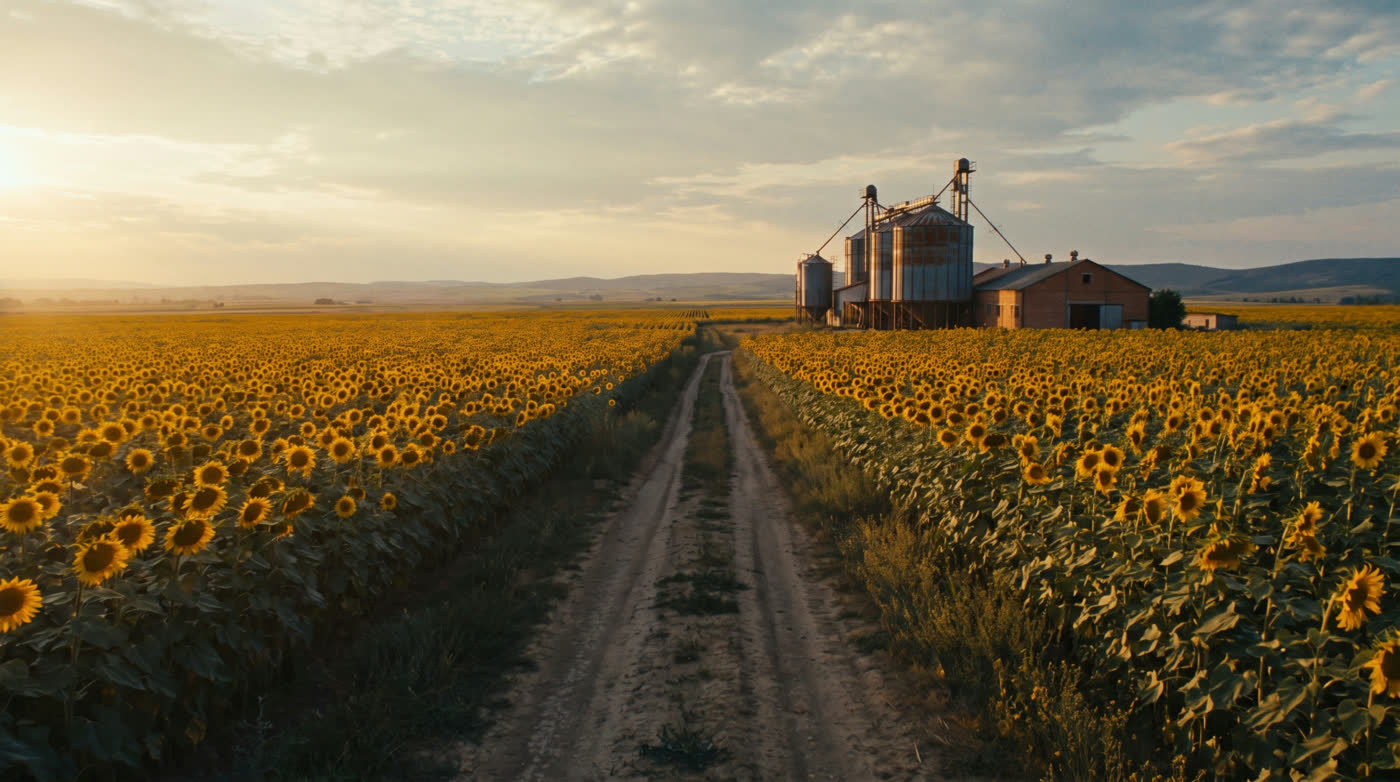 Sunflower field with a path toward the pressing plant